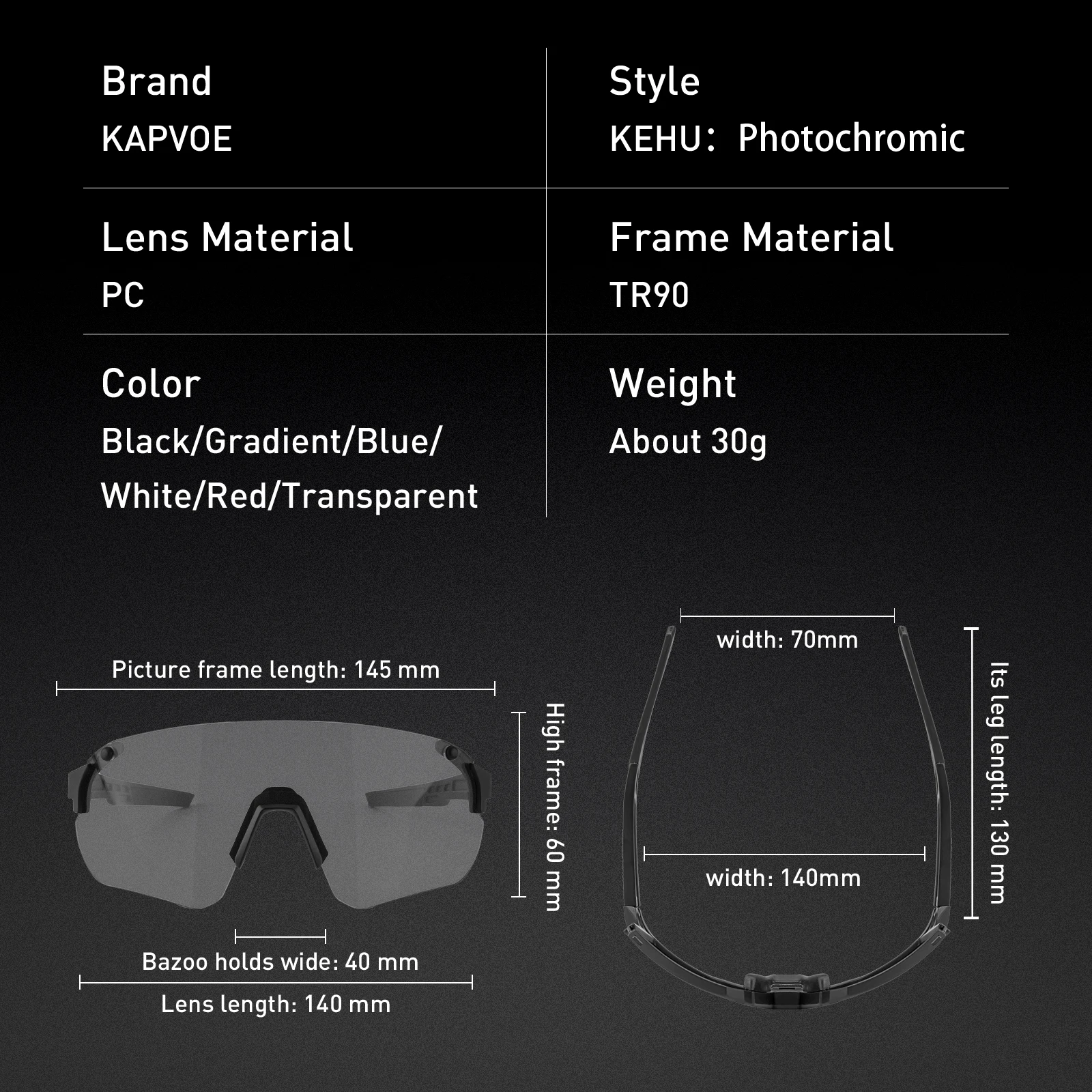 Kapvoe Photochromic Cycling Glasses Sports Eyewear Running Glasses Day Night UV400 Protection Sunglasses for Men Women MTB Glass