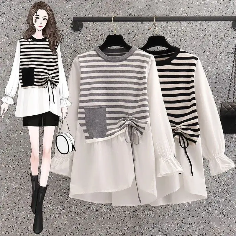 

Female Streetwear Striped Fake Two Pieces T-shirt 2023 Spring Autumn Loose All-match Shirring Stylish Pockets O-Neck Pullovers