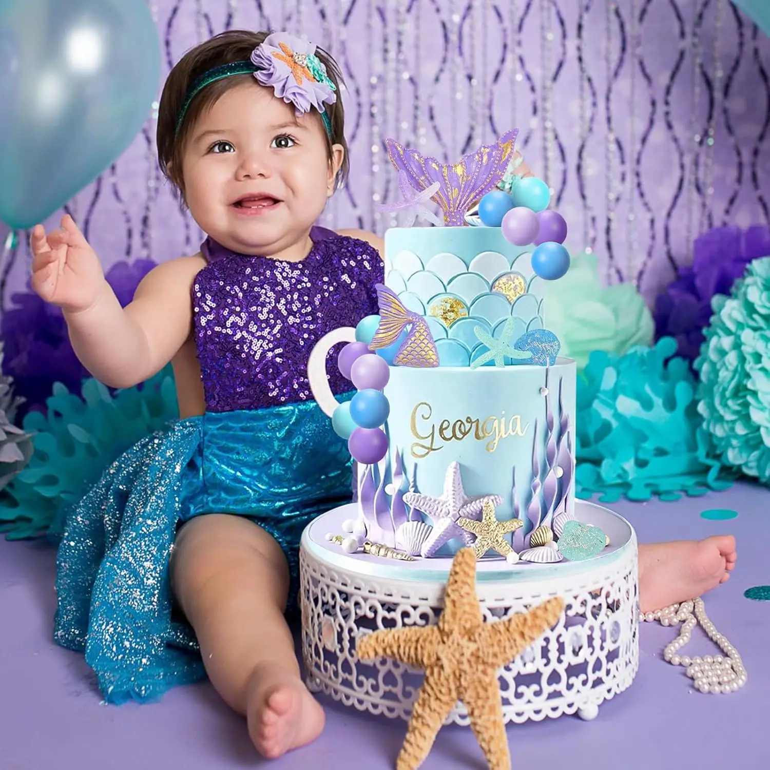 26 قطعة من ديكورات كعكة حورية البحر تحت كعكة البحر مع ذيل حورية البحر الصدف لمستلزمات حفلات أعياد الميلاد وحفلات استقبال المولود الجديد
