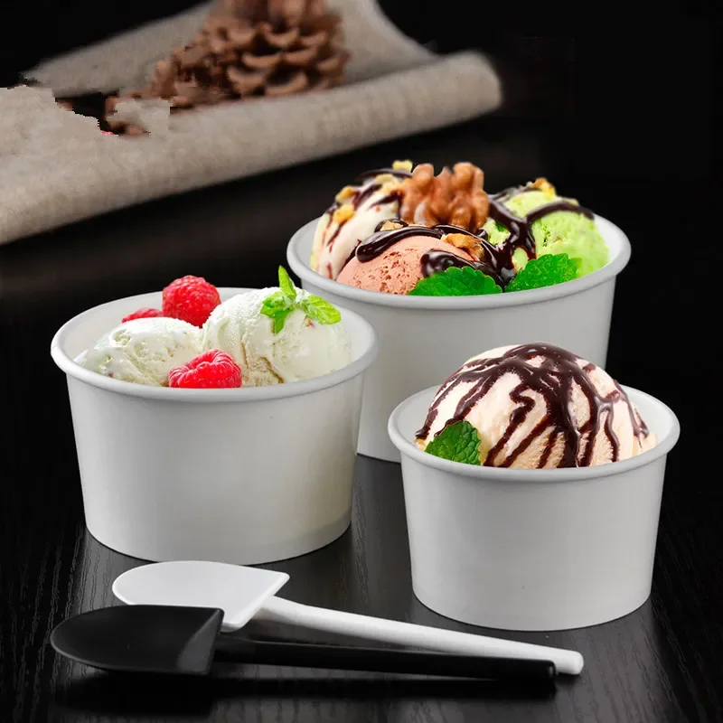 

50pcs Net red white ice cream paper bowl round packaging yogurt pudding cake dessert cup with lid birthday party favors bowl