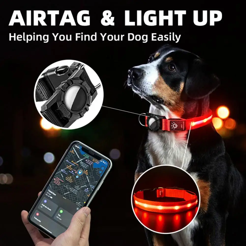 Pet Collar with Quick-release Buckle Waterproof Led Dog Collar with Usb Rechargeable Light for Night Safety for Airtag for Night