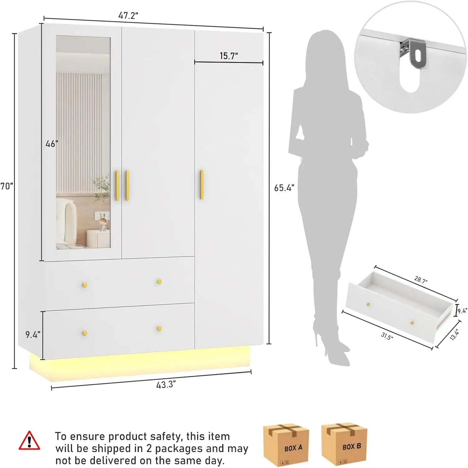 3 Doors Armoire Wardrobe Closet with Mirror, LED Armoire with Doors and Drawers, Wooden Armoire Storage Cabinet with Hanging Rod