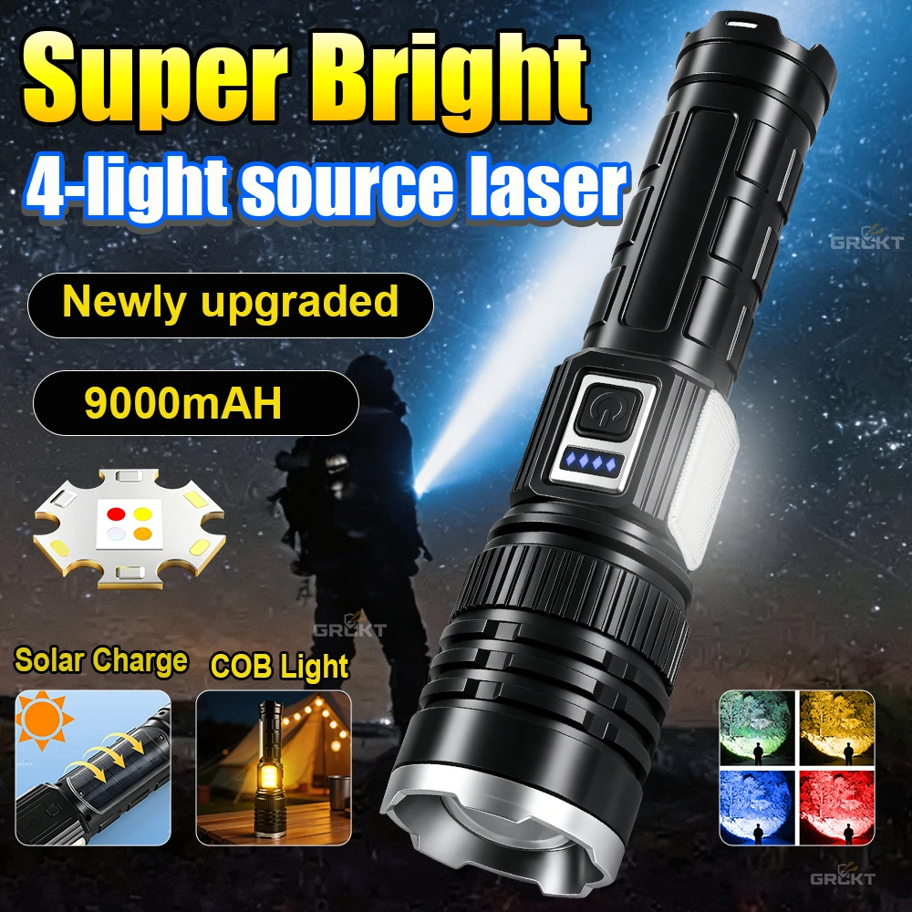 Upgraded 4 Color Zoomable Flashlight High Power LED Flashlight Super Bright Long Range Solar Charge Outdoor Hiking Lantern 18650