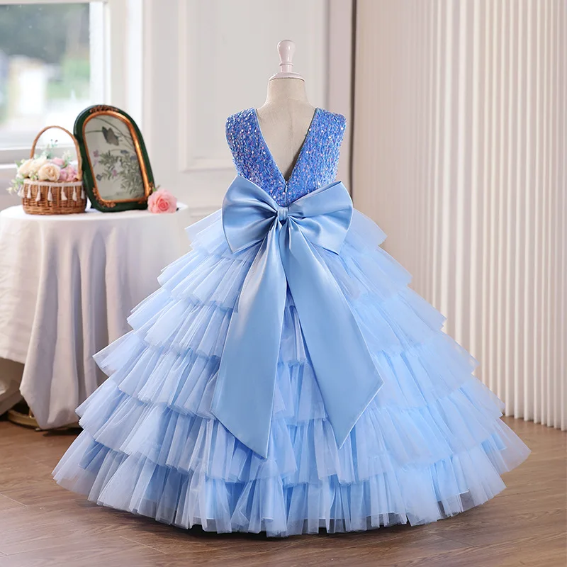 

Girl's Ceremonial Dress Luxury Puffy Layered Sequin Princess Dress Teenagers Graduation Gown Elegant Wedding Bridesmaid Dress