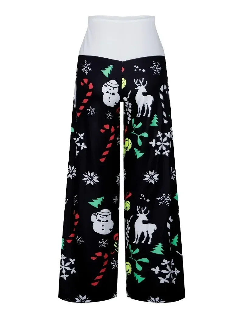 Plus Size 1XL-5XL Women's Fashion Christmas Print  Pants Ladies  Casual Patchwork Lace UpWide Leg Pants Loose Pants