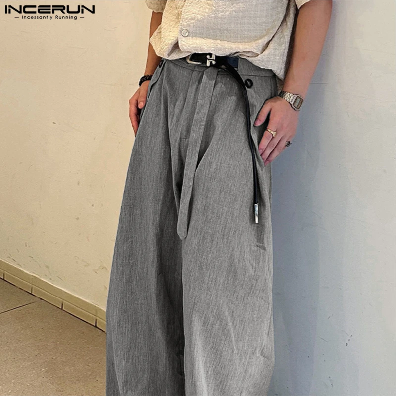 

INCERUN Men Pants Solid Color Loose Button Joggers Casual Straight Trousers Men Streetwear 2025 Fashion Male Long Pants S-5XL