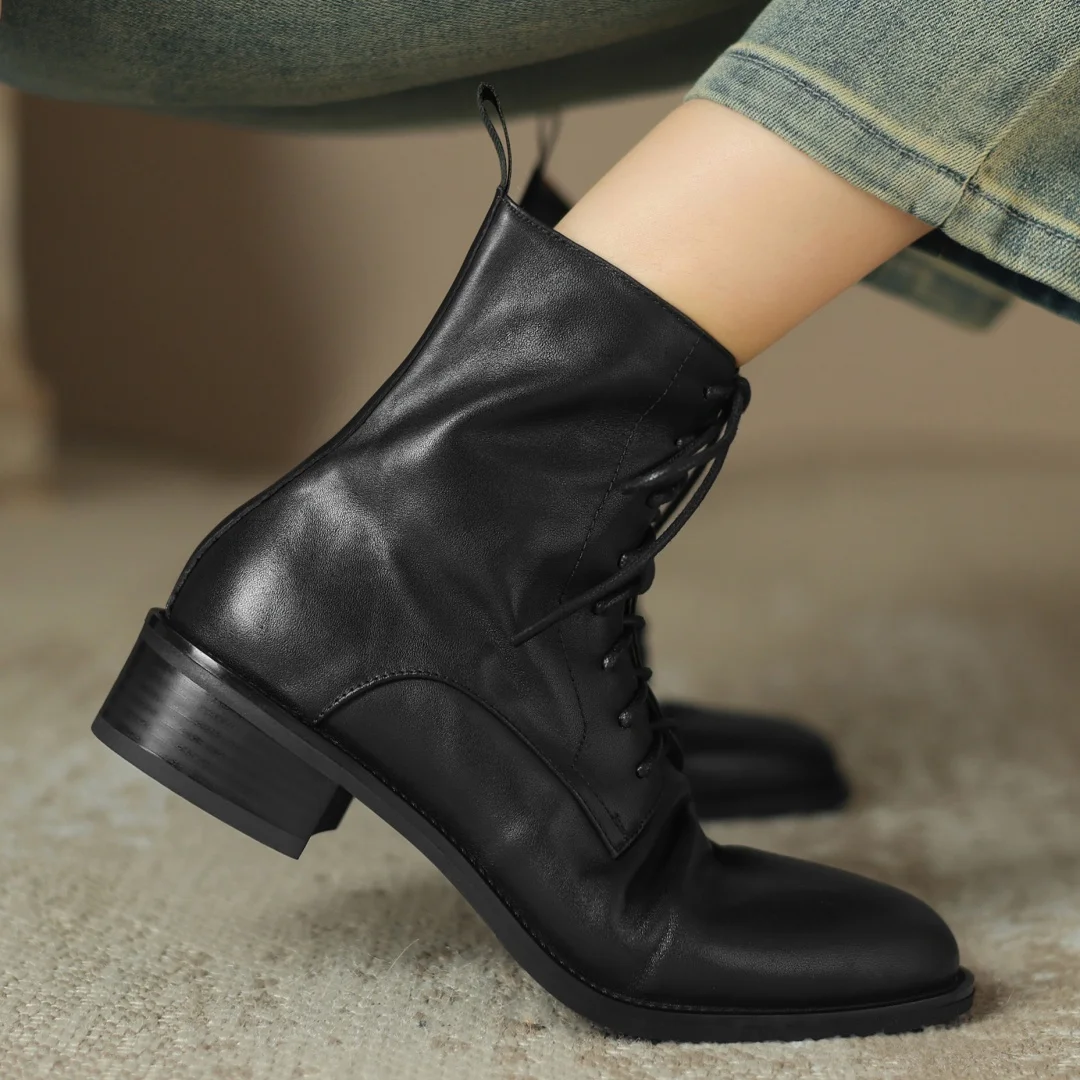 

Women's cow leather round toe lace-up side zip autumn ankle boots high quality soft comfortable casual short booties shoes woman