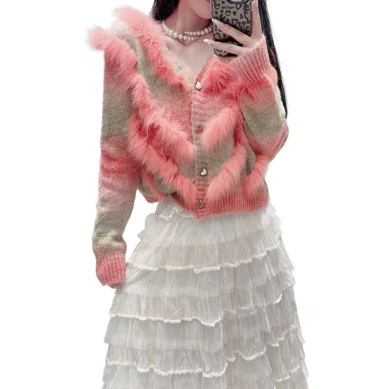 2025年秋 レディース ショートファートリムニットカーディガン ボタン付き 本物のフォックスファー ストライプコート アウター 女性用ファーセーター