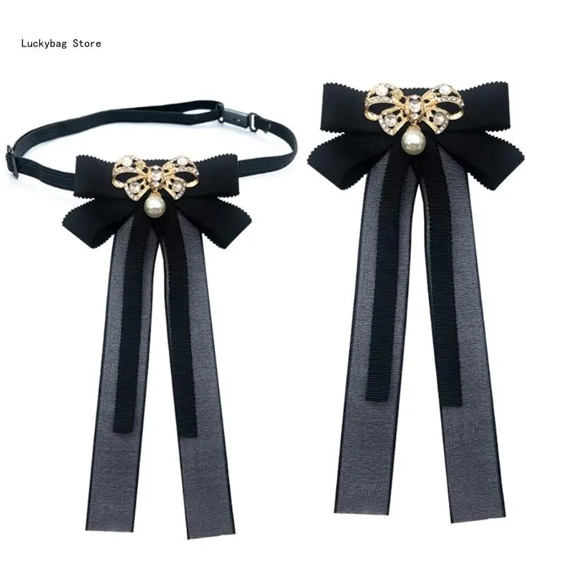 

Japanese Women Student Pre Bow Tie Brooch with Pearl for Rhinestone Long Ribbon Bowknot Jewelry Uniform Shirt Collar Pin
