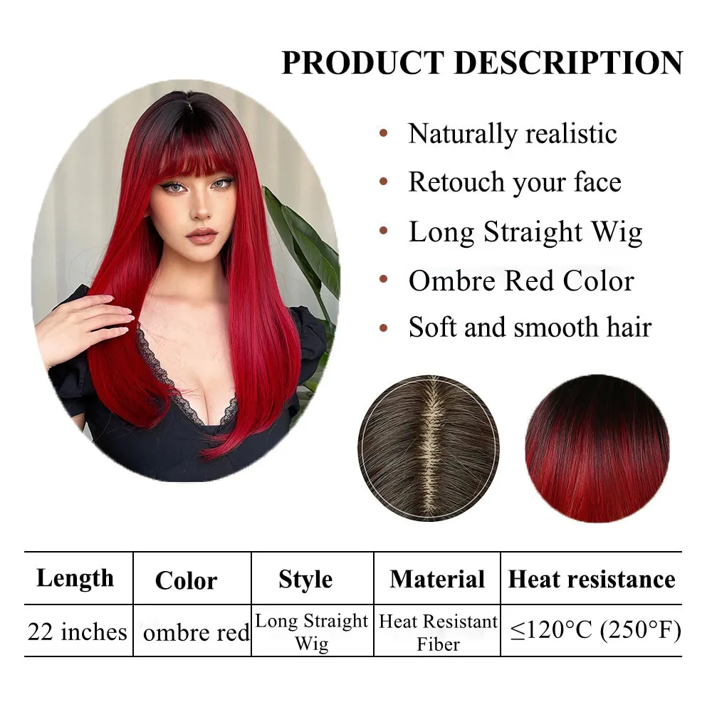 HENRY MARGU Ombre Red Long Straight Synthetic Wig Dark Roots Wigs with Bangs Red Color Daily Party Hair for Women Heat Resistant