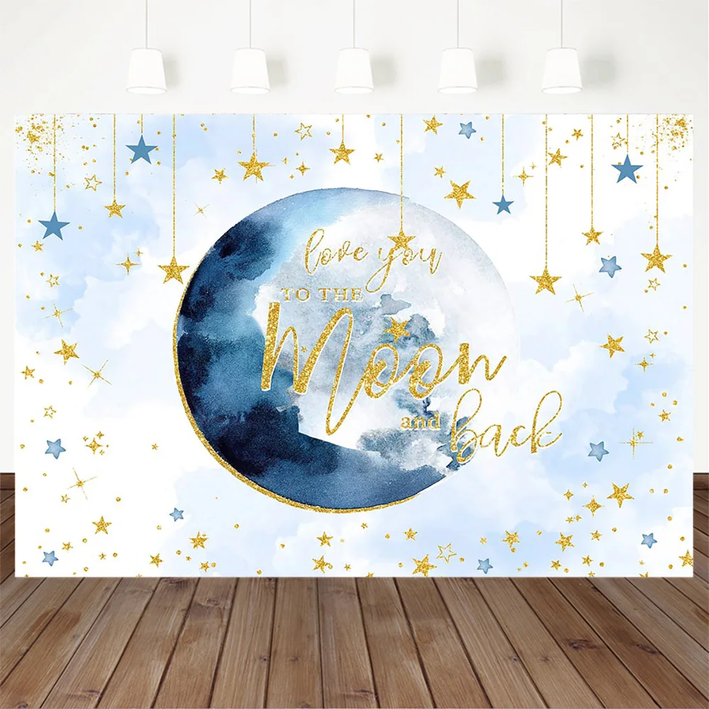 Mocsicka aniversário fundo azul sonhador estrelas lua brilhando ouro decoração menino recém-nascido chá de fraldas bolo de mesa adereços pano de fundo