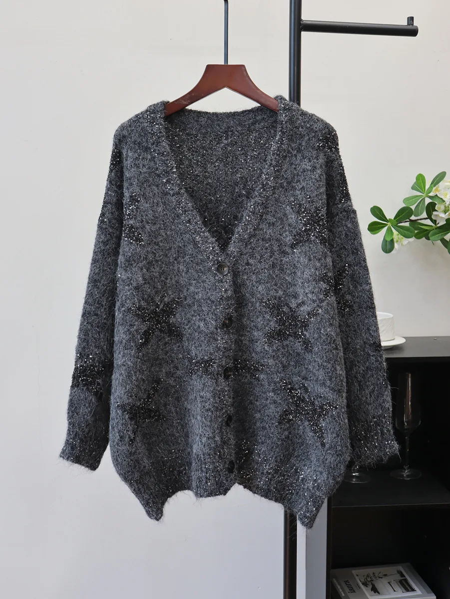 

Autumn Winter Fashion Sequin Sweater Jacket V-neck Gray Jacquard Knitted Cardigan American Casual High Street Knitting Coat