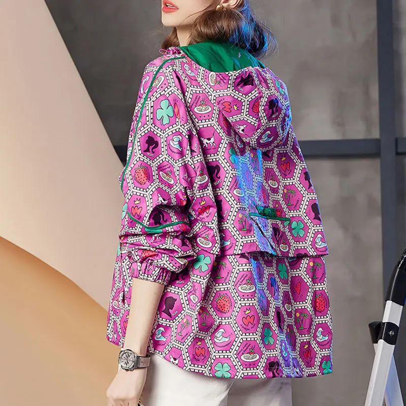 Hooded Jacket For Women In Spring And Summer 2024 New Fashion Color Matching Printed Top Trend