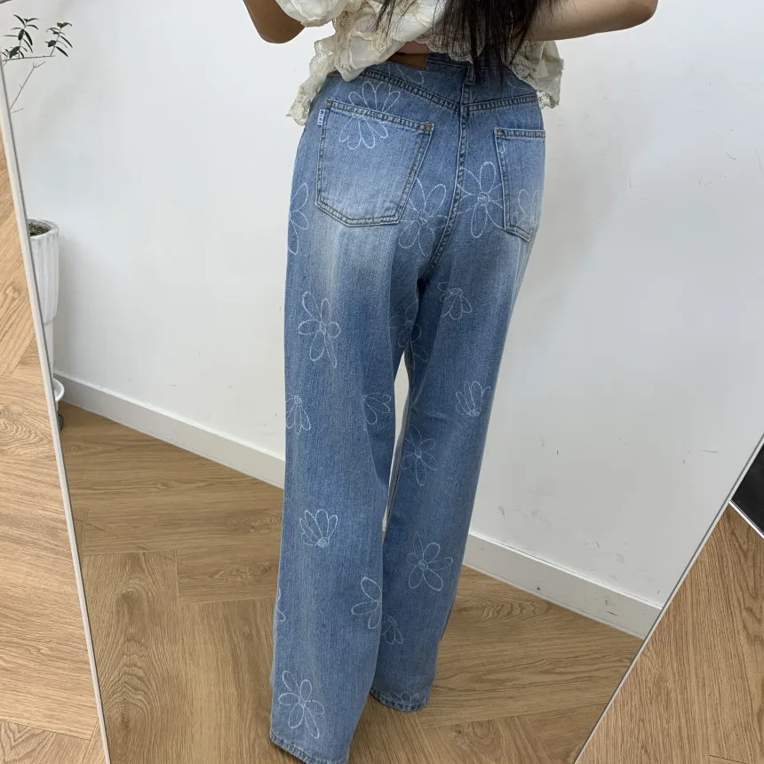 Retro Washed High Waist Loose Straight Leg Daisy Print Denim Jeans Women's Sweet Youthful Long Trousers Fashionable