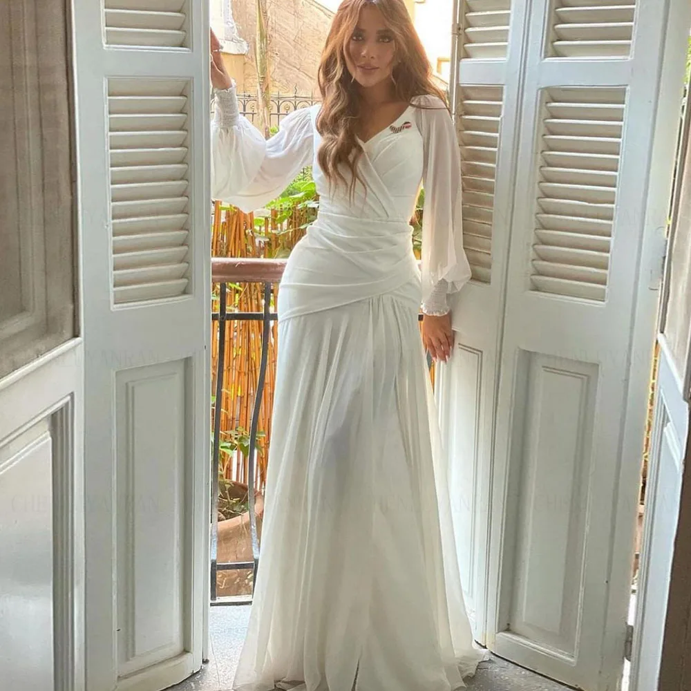 Chiffon Pleat Formal Occasion Dresses 2023 V-Neck Full Sleeves Long Party Dress Mermaid Ivory Evening Gowns فساتين مناسبة رسمية