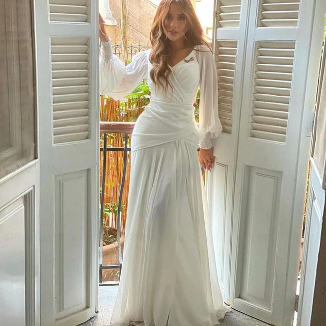 Chiffon Pleat Formal Occasion Dresses 2023 V Neck Full Sleeves Long Party Dress Mermaid Ivory Evening Gowns