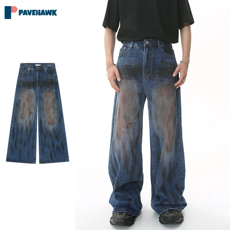 

Hip Hop Wash Graffiti Baggy Blue Jeans Man Japanese Retro High Waisted Denim Pants High Street Straight Wide Leg Cowboy Trousers