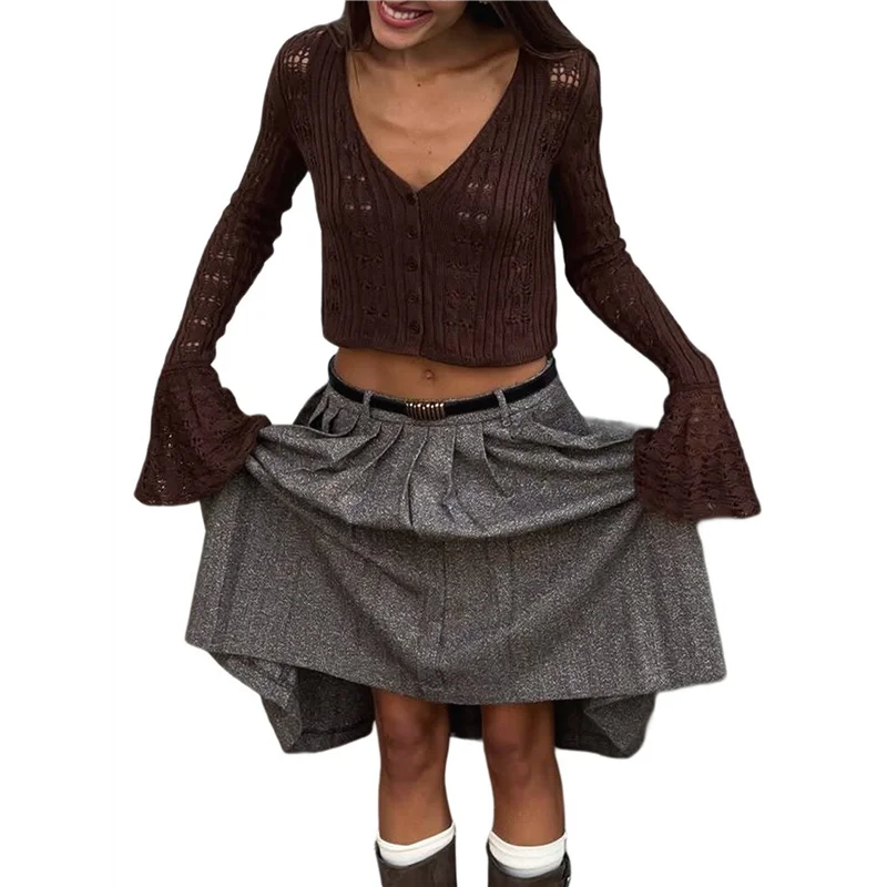 

ASDS-топы для женщин, белый кардиган с v-образным вырезом и пуговицами, вязаный кардиган с длинными рукавами-колокольчиками