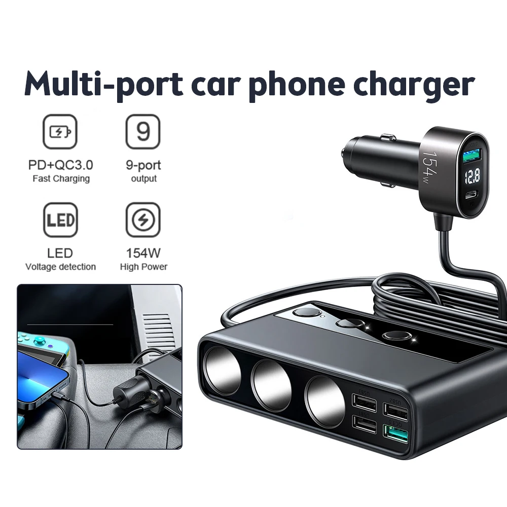 154W 9 in 1 Car Charger Adapter PD 3 Socket Cigarette Lighter Splitter Charge Independent Switches DC Cigarette Outlet Charge