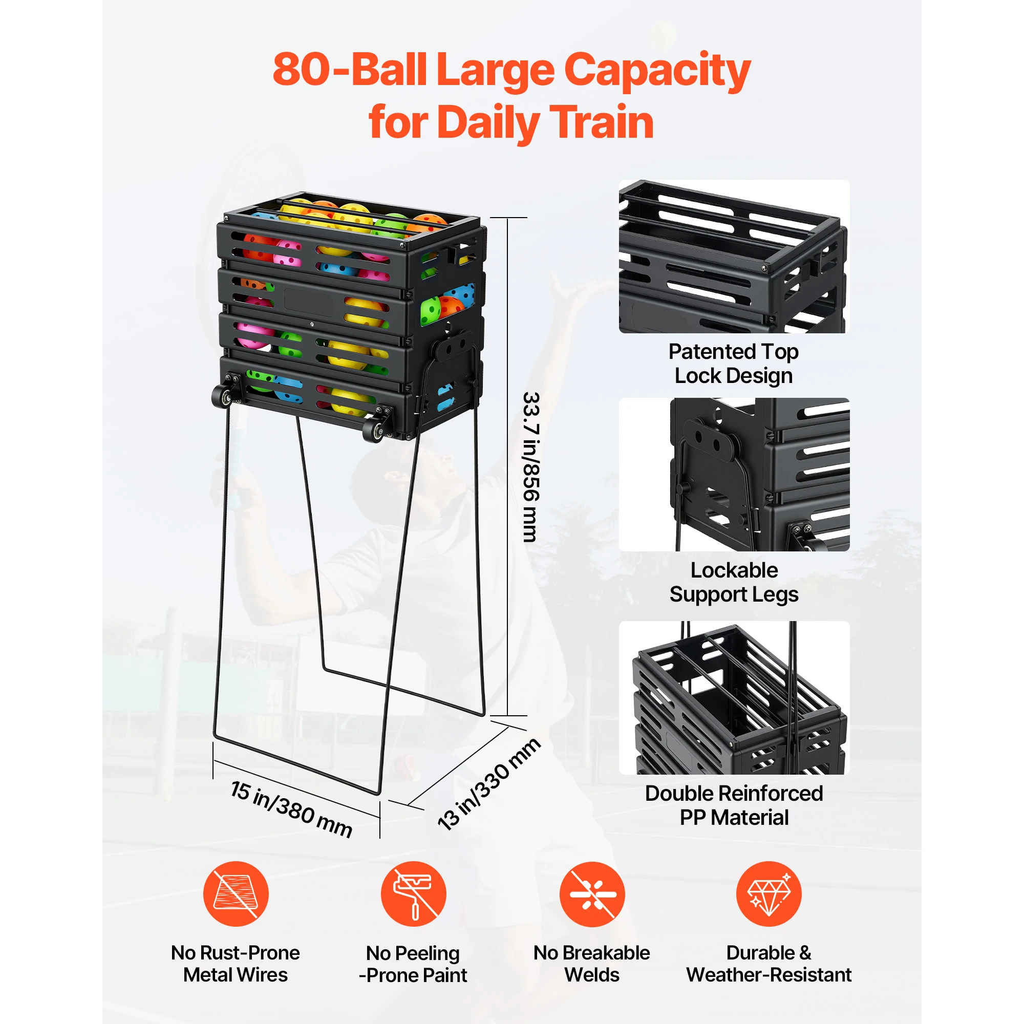 SucceBuy 80 Tennis Balls Hopper Pickleball Basket Cart with Wheels Portable Pickleball Collection Caddy for Training Storage