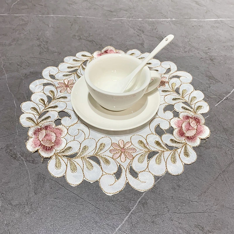 1pc Satin Rose Flower Embroidery Place Table Mat Cloth Pad Cup Doily Napkin Coaster New Year Placemat Christmas Wedding Kitchen