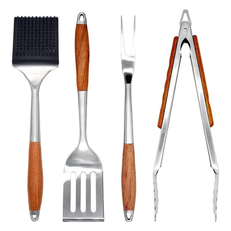 

BBQ Grilling Accessories Set With Stainless Steel Outdoor Grill Tools- Spatula, Fork,Brush& Tongs Wood Handle Design