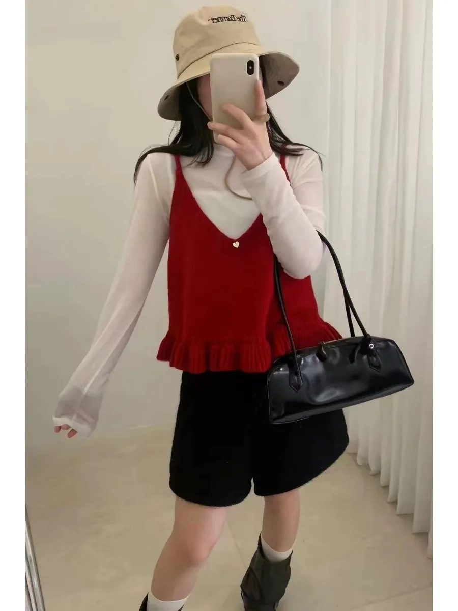 Korean Style Yellow V-Neck Ruffle Sleeveless Tank Top Women Early Autumn High-End Sense Layering Inner Wear Small Top