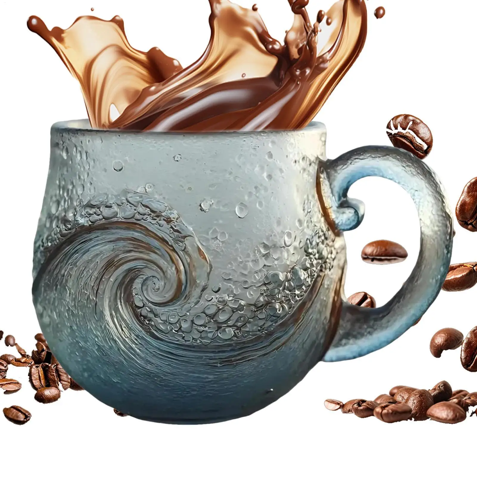 Seeglas-Wellenbecher, 300 ml, eleganter Glasbecher im Ozeanwellen-Design mit Griff für Zuhause, Kaffee, Büro und Strandhaus