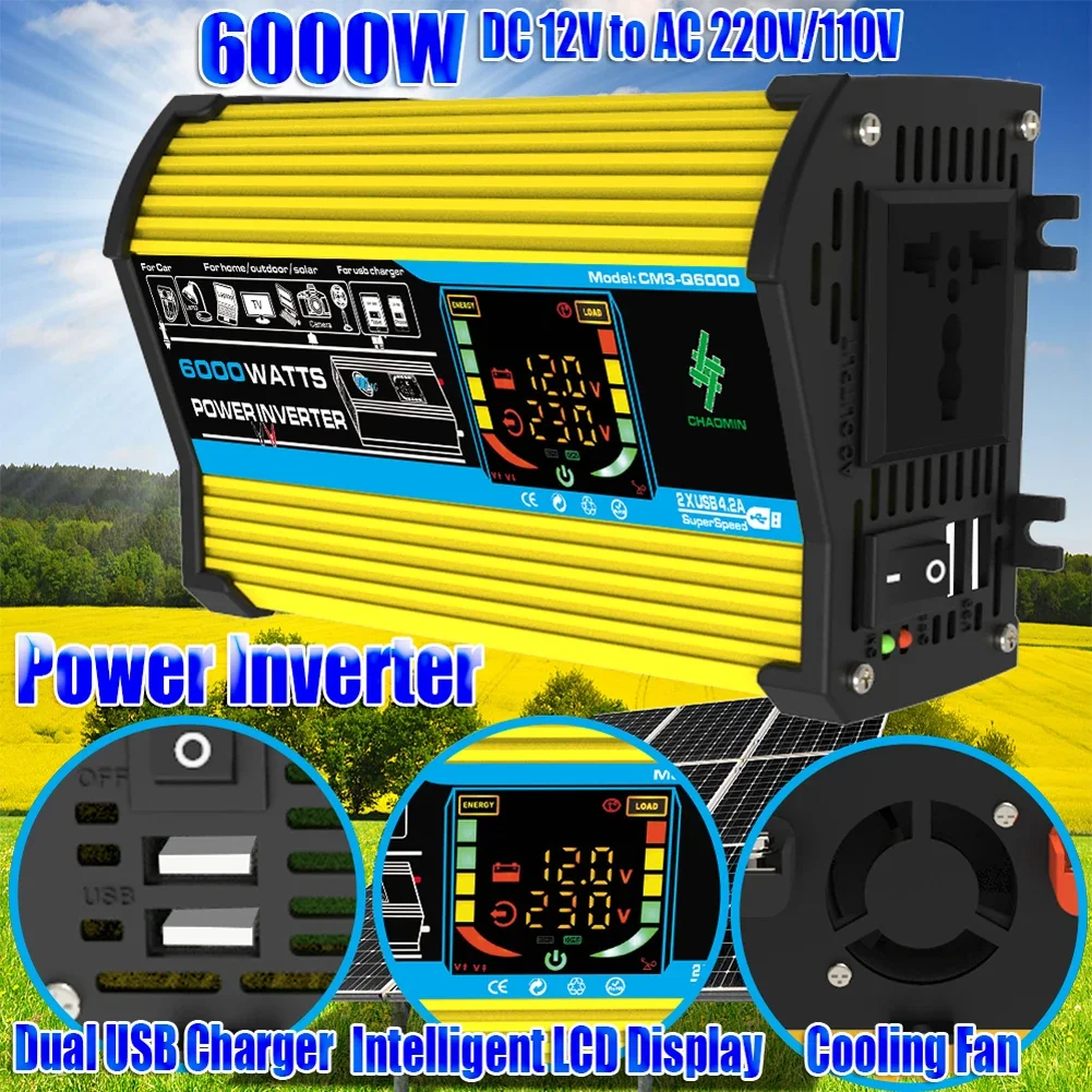 6000W 3000W Car Inverter Modified Sine Wave Voltage Transformer Power Converter DC 12V To AC 110V 220V LCD Display Dual USB Port