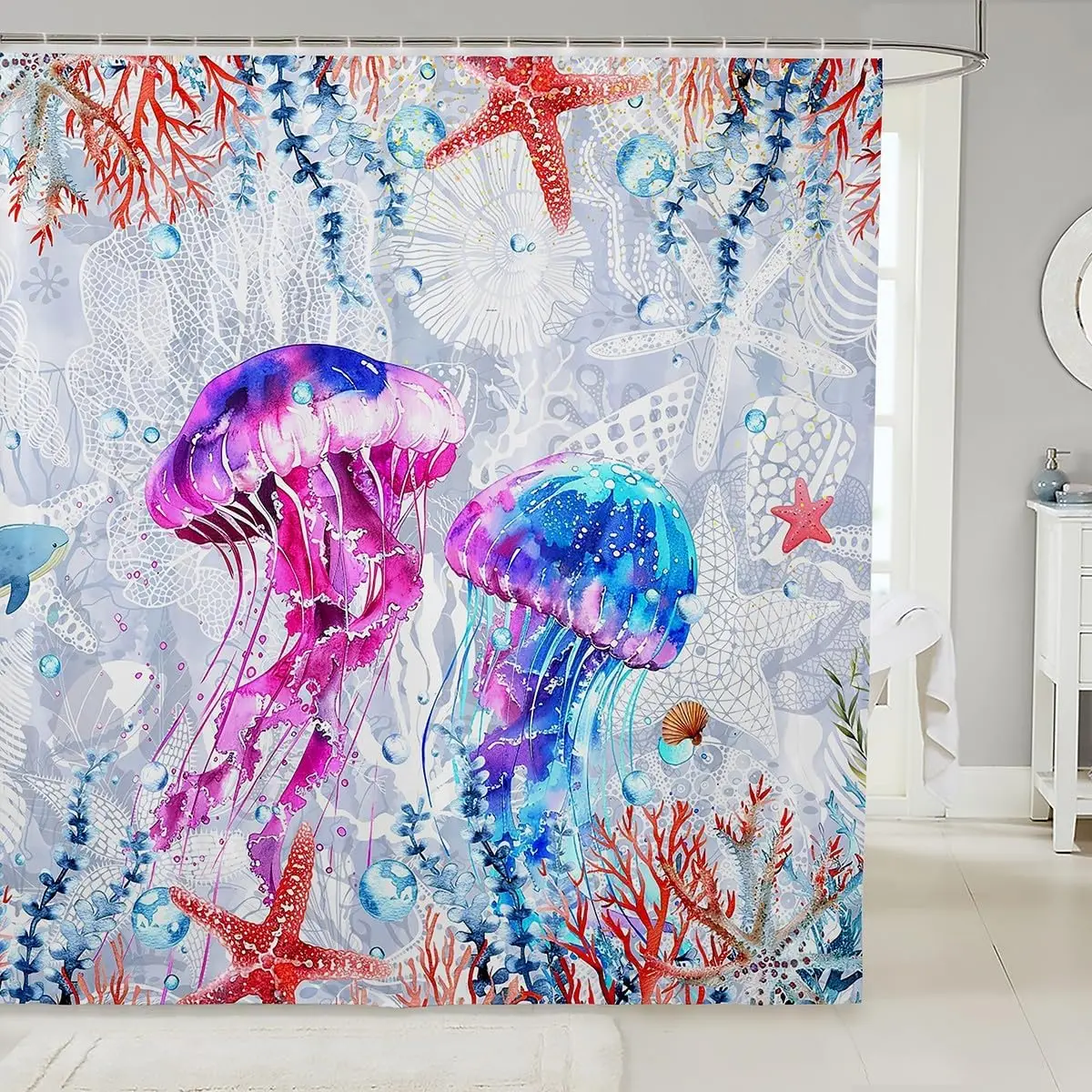 

Colorful Jellyfish Sea Star Coral Reef Ocean Theme Shower Curtain Underwater World Decor Waterproof Bathroom Curtain
