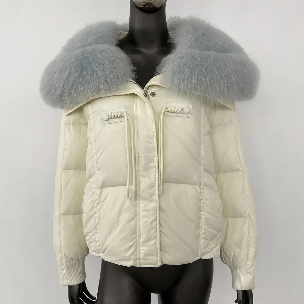 Jacket Warm Duck Down Coat Short Streetwear Outerwear Women Natural Thick Loose Fur Big Real Fox Fur Collar Fashion Winter