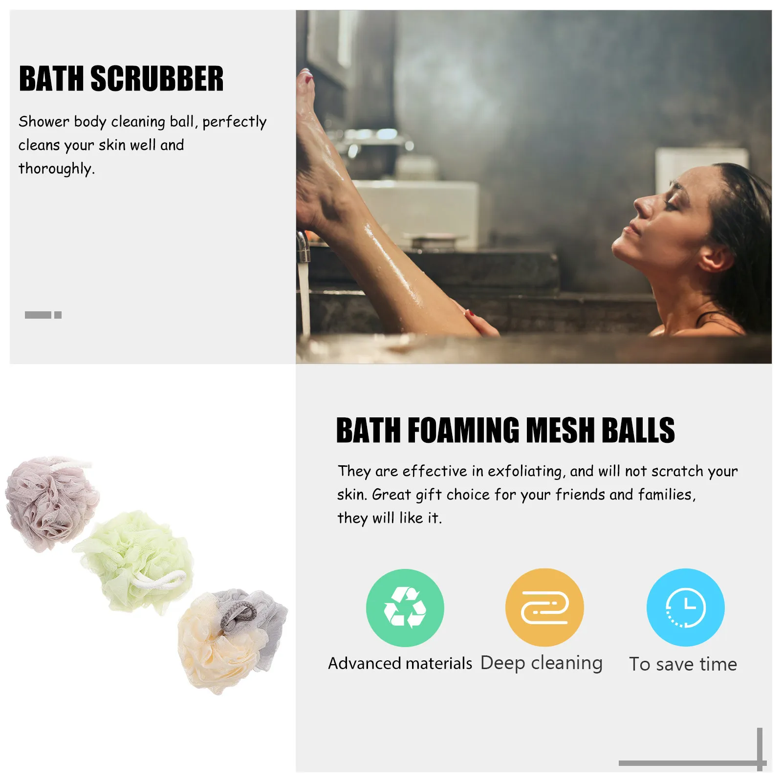 3Pcs Bath Foaming Mesh Balls High-Grade Supple Bathing Scrubber Body Exfoliating Scrub Tool Shower Back Cleaning Supplies