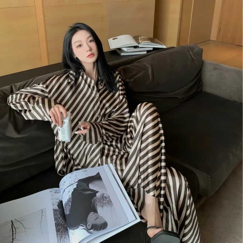 Stripe Ice Silk Women Pajamas Luxury Baroque Gold 26 New Summer Autumn Long Sleeve  Pants 2piece Set Casual Home Wear Nightgown