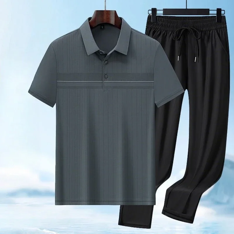 

Ice Silk T-shirts Pants Suits for Men Sweatpants Luxury Original Brands Casual Loose Trends Costumes Chic Cool Man Trousers Sets