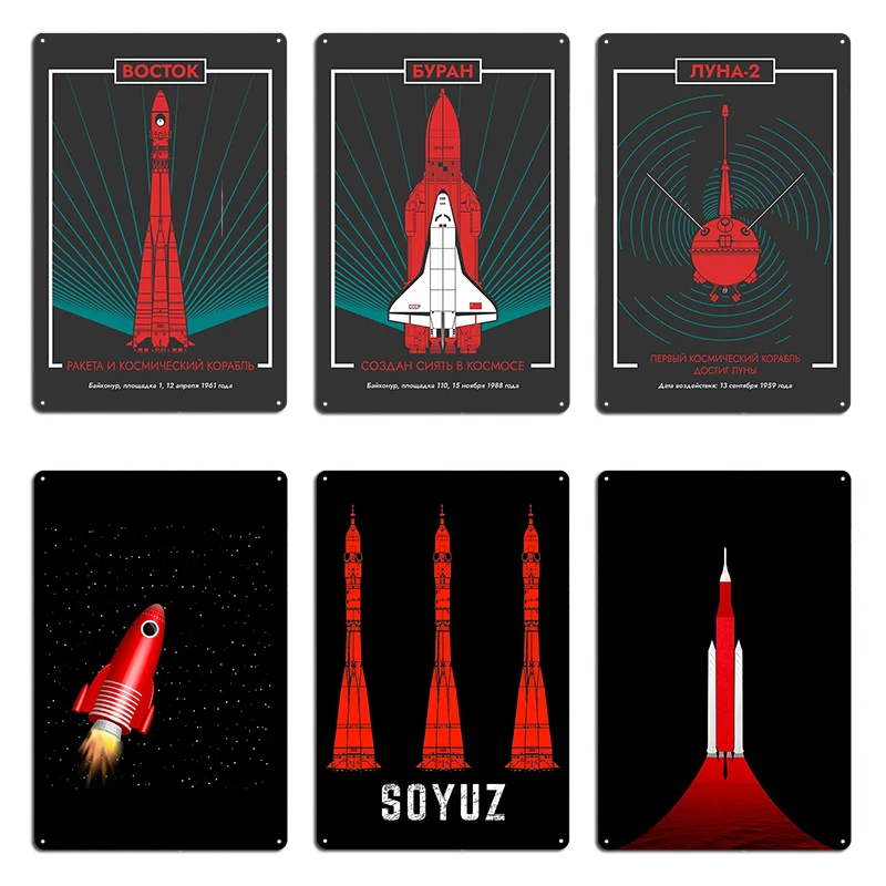 Vostok Rocket Minimal Retro Design Moon Red Metal Signs Club pub Garage Classic Plaques Tin sign Posters