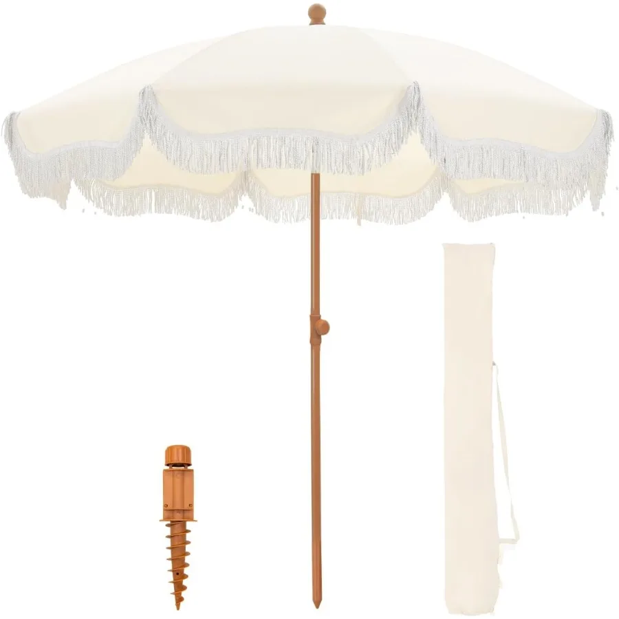 مظلة شاطئ خارجية محمولة بطول 7 أقدام مع هامش للاستخدام في الفناء والشاطئ تتميز بمراسي رملية وحقيبة حمل بزر ضغط وإمالة ميكانيكي