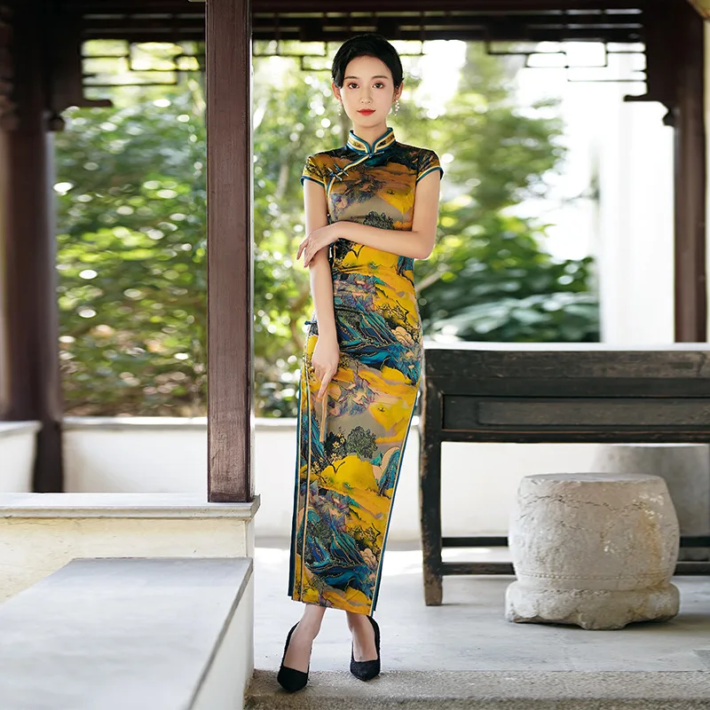 

Improved High Quality Real Silk Dress Cheongsam Qipao Catwalk Long Women's High-Grade Silk New Chinese Style Dress High-End