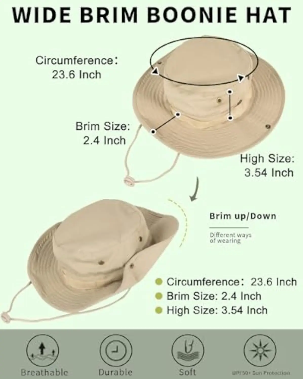 Unisex-Sonnenhut für Outdoor-Angeln, Wandern, Jagd, UV-Schutz, atmungsaktiv, faltbar, verstellbarer Kinnriemen, breite Krempe, Boonie-Hut – Detail 8