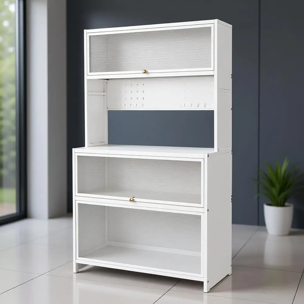 

Multi-Tiered Metal Storage Cabinet with Locker-Style Board for Kitchen Appliances and Cookware
