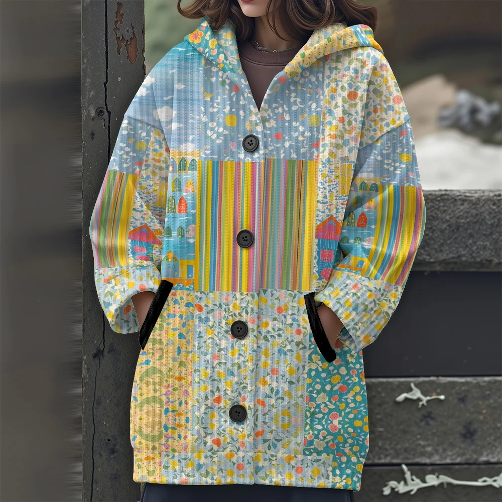 color block stitching Long sweater Floral women's clothing casual women's sweater Patchwork floral patterns Hooded sweater