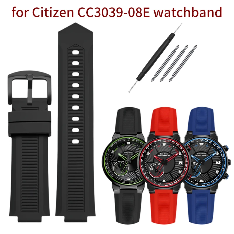 Compatible With Citizen Eco-Drive Satellite Wave Red Monster CC3039-08E / 3079-11E Convex Silicone Watch Band 24x14mm black red