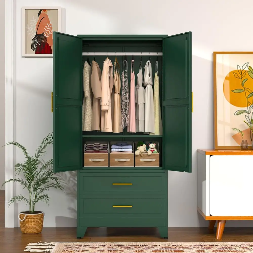 

Green 71 Metal Wardrobe with Hanging Rod and Cabinet Storage