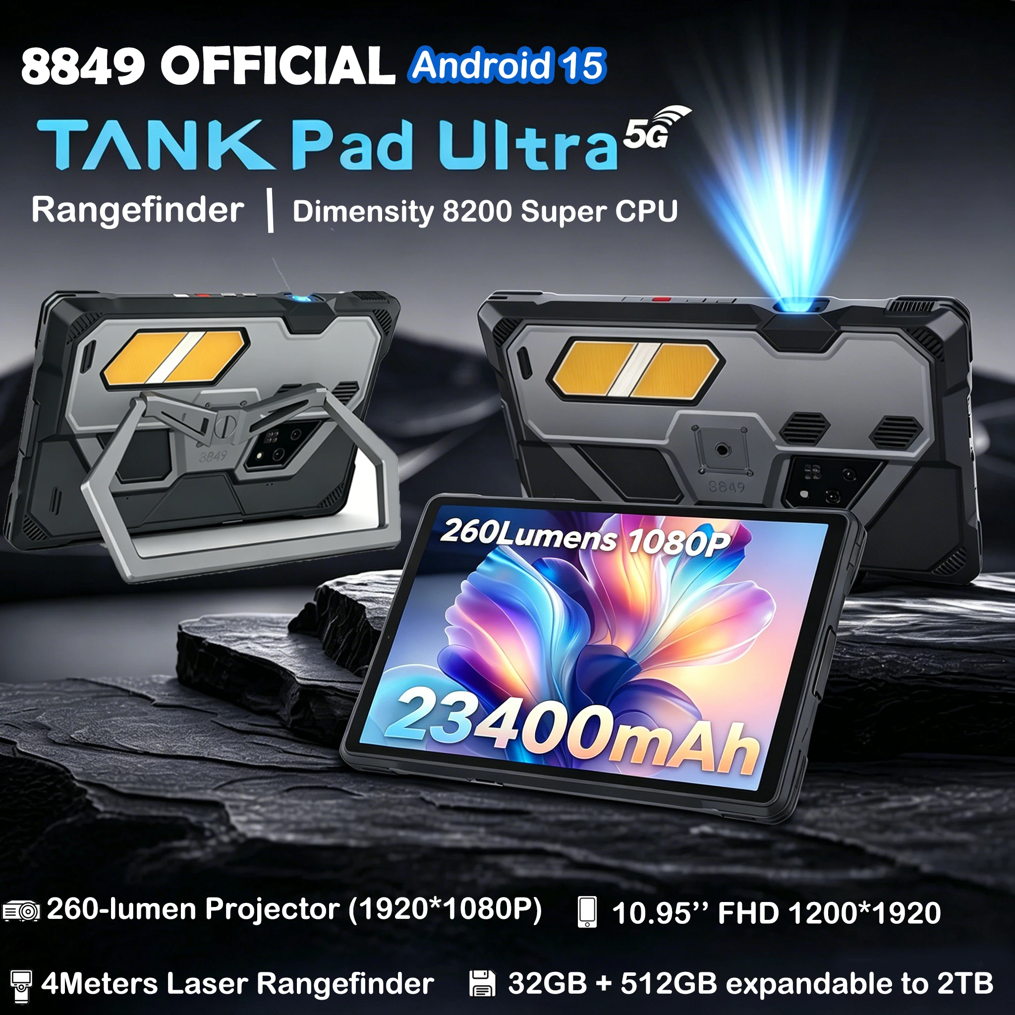 8849 Tank Pad Ultra Unihertz Rugged Tablet with Projector 260 Lumens 1080P 23400mAh 5G Android15 Wifi 6 32+512GB Dimensity 8200