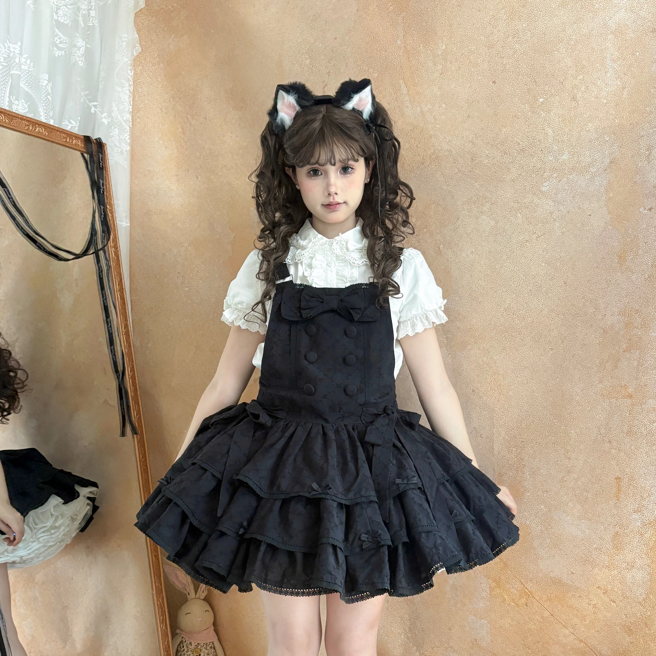 MAGOGO Lolita Three Section Cotton Black and White Strap Mini Dress Women Cute Bow Button Strap Doll Cake Dresses
