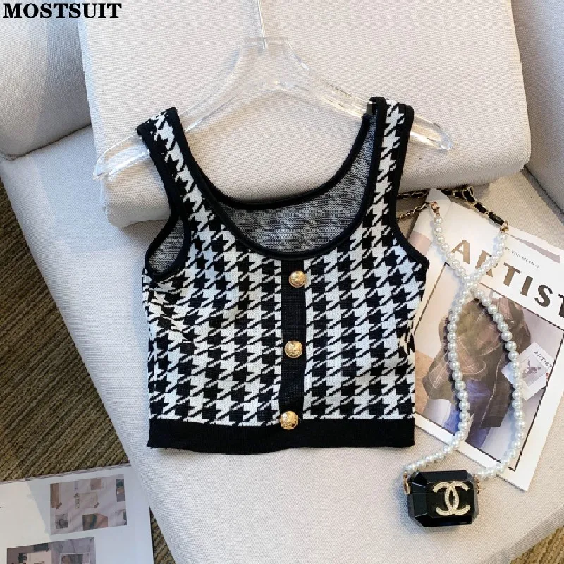 Houndstooth Slim Knit Vests Women\'s Crop Tops 2023 Summer Sleeveless Gold Buttons Sexy Vintage Chic Streetwear Knitwear Tees