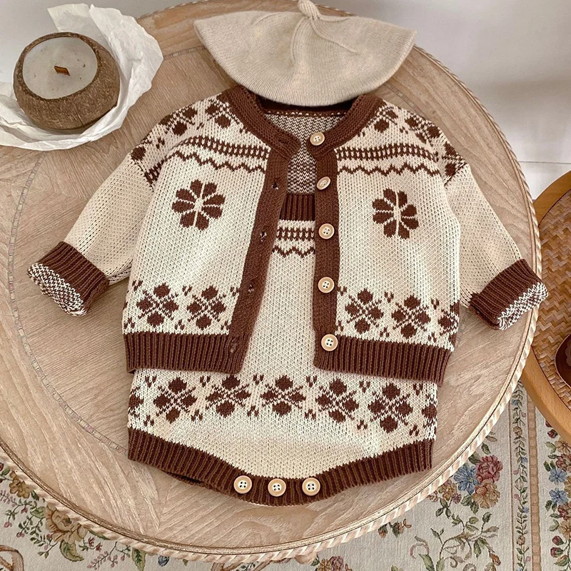 2024 New Autumn Toddler Baby Girl Knitting Clothes Suit Long Sleeved Cardigan+Jumpsuit Infant Baby Girls Knitted Clothing Set