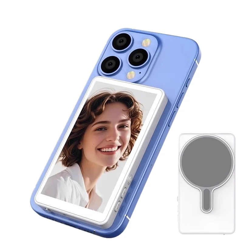 

mobile phone rear selfie magnetic display, travel photo artifact, live screen projector