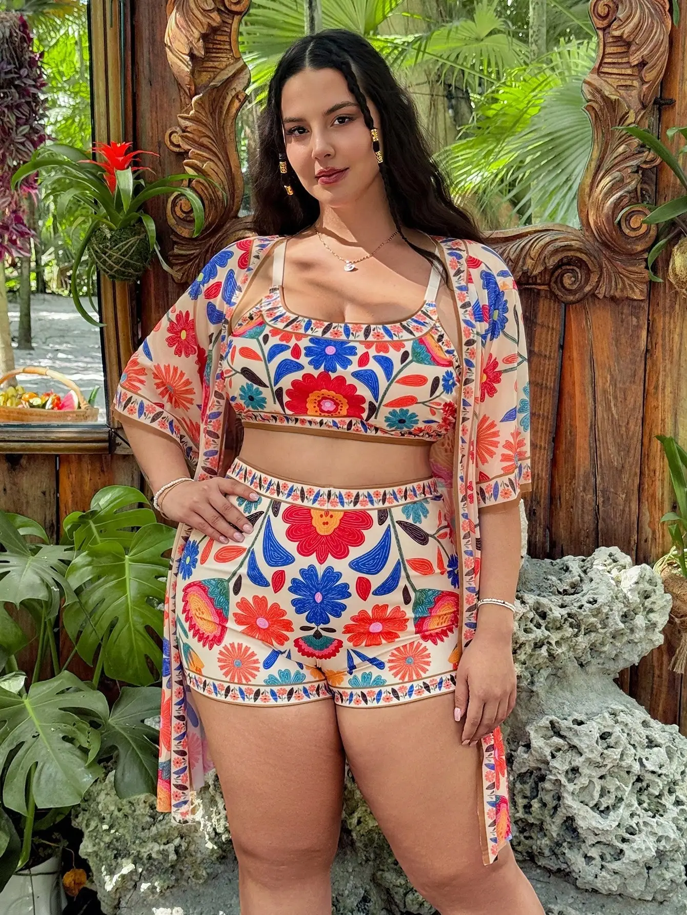 

Plus Size Women Floral Bikini Set With Cover Up Casual Summer Beach Wear