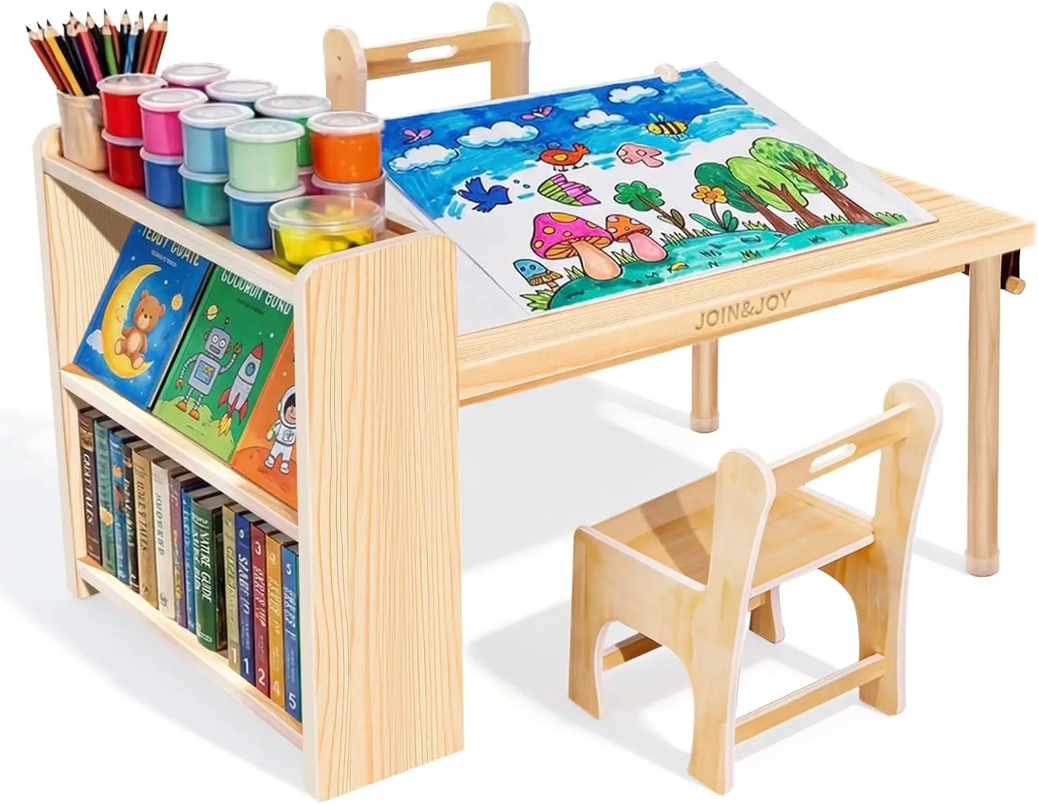 Kids Wooden Art Table 2 Chair Set Craft Storage Shelves Toddler Desk Creativity Drawing Learning Play Activity