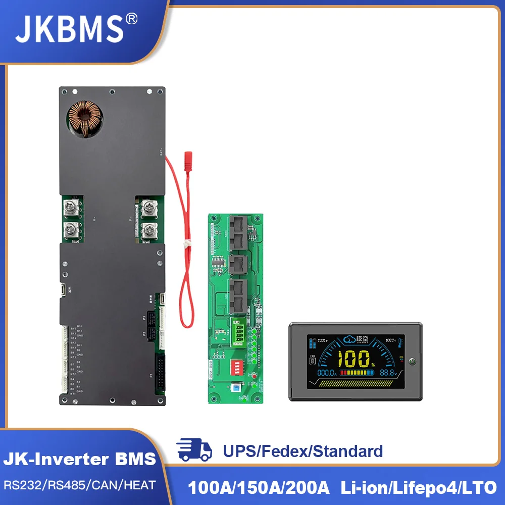 Инвертор JKBMS BMS 8S 16S 24V 48V 100A 150A 200A 8S-16S Семейный накопитель энергии Lifepo4/Li-ion/LTO для инвертора Growatt Deye и т. д.